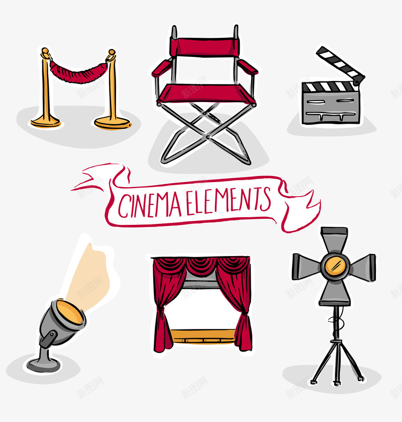 卡通拍电影小元素矢量图ai免抠素材_88icon https://88icon.com 卡通 小元素 打板 扽光 拍电影 摄像机 椅子 矢量图