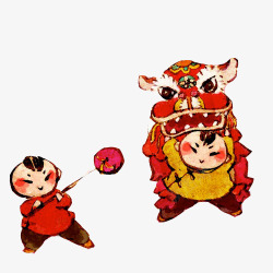 春节双人舞狮水彩画素材