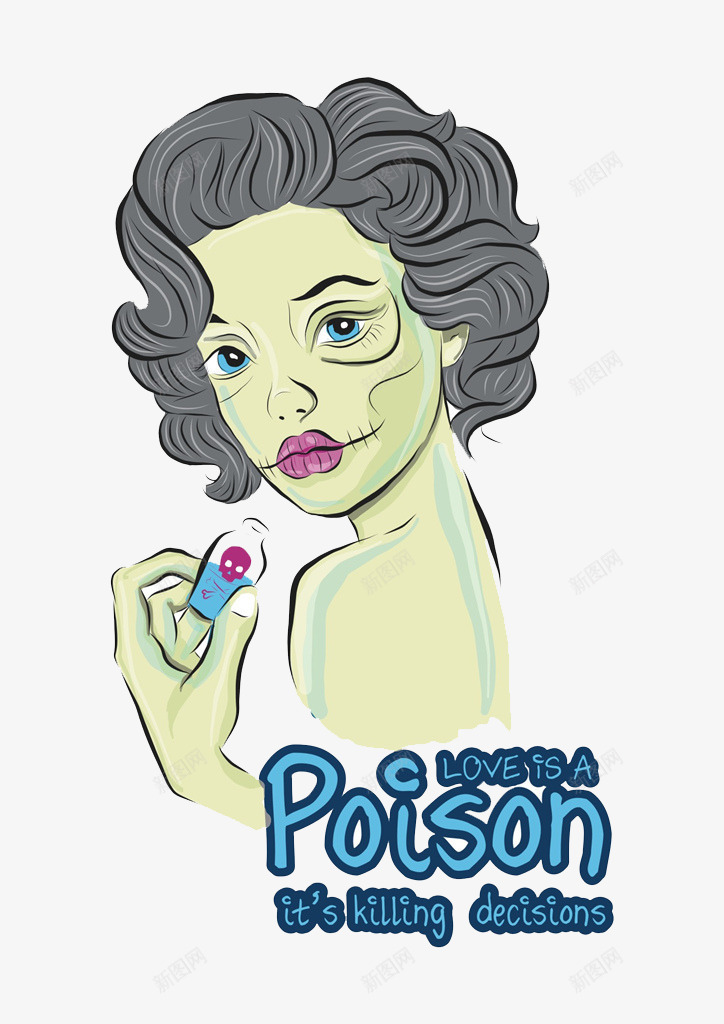 卷发女人png免抠素材_88icon https://88icon.com 女人 毒药 红色嘴唇 蓝色眼睛 骷髅印花