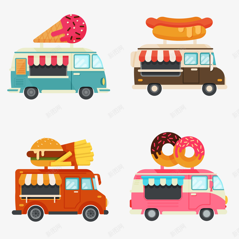 移动餐车车队png免抠素材_88icon https://88icon.com 冰淇淋 汉堡 热狗 甜甜圈 移动餐车 车队