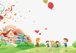 孩子气球卡通手绘草地上玩耍的孩子高清图片