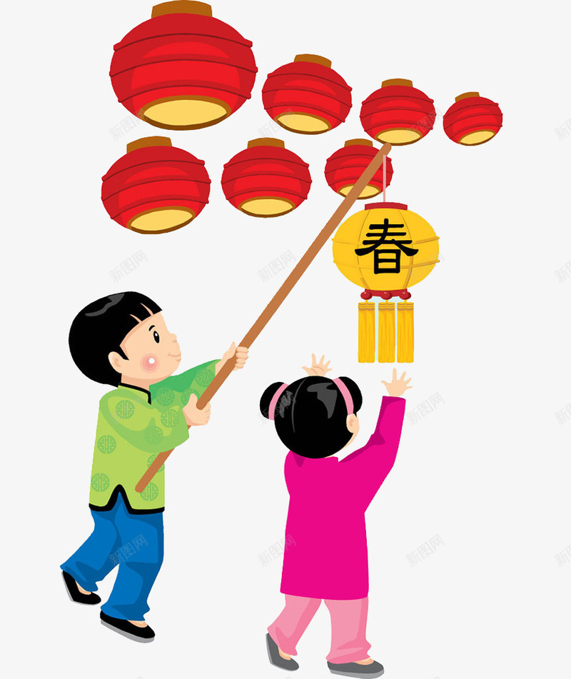 挂红灯笼的男孩女孩png免抠素材_88icon https://88icon.com 卡通 喜庆 张灯结彩 彩色 手绘 挂灯笼 春节 灯笼架 男孩女孩