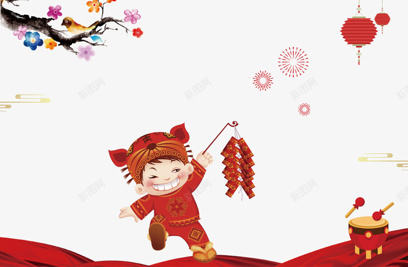 欢庆新年相关背景png免抠素材_88icon https://88icon.com 卡通烟花 卡通鼓 放炮卡通儿童 新年相关矢量背景 欢庆新年 欢度春节 灯笼 红绸花边儿 花鸟