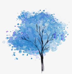 手绘蓝色唯美大树素材