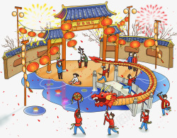 舞龙手绘新春佳节街头舞龙插画高清图片