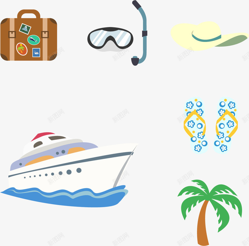 游轮海岛冬季旅游png免抠素材_88icon https://88icon.com 冬季旅游 手提箱 椰子树 沙滩帽 海岛小船 海岛游 潜水镜 白色游轮 白鞋 矢量素材 鞋拖