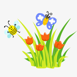 招蜂引蝶卡通小花小草和昆虫矢量图高清图片