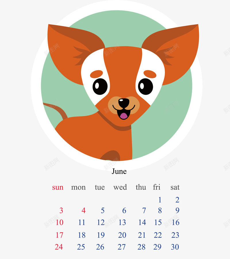狗年卡通日历模板png免抠素材_88icon https://88icon.com 2018年春节 6月 卡通日历矢量模板 卡通狗矢量图 新年快乐 月历 狗年 狗年新春 生肖日历