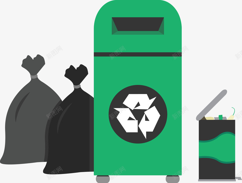 环保垃圾桶png免抠素材_88icon https://88icon.com 垃圾处理 循环 扁平化 绿色 袋子