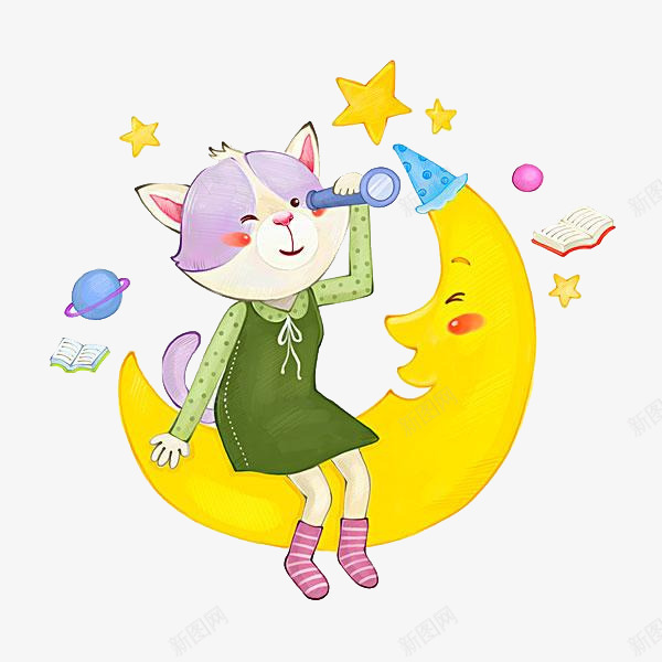 坐在月亮上的小猫png免抠素材_88icon https://88icon.com 动物 小猫 星星 月亮 矢量装饰 装饰