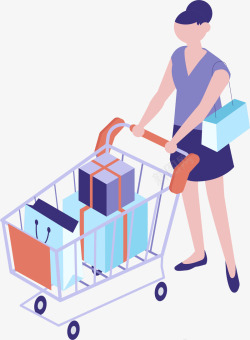 购物车的女性25D推着购物车女性立体插画矢量图高清图片