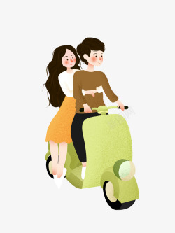 骑电动车情侣卡通手绘创意情侣出行插画高清图片