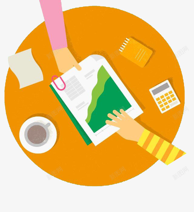 文件对接png免抠素材_88icon https://88icon.com 两只手 卡通圆桌 咖啡 引导页插画 文件 计算器