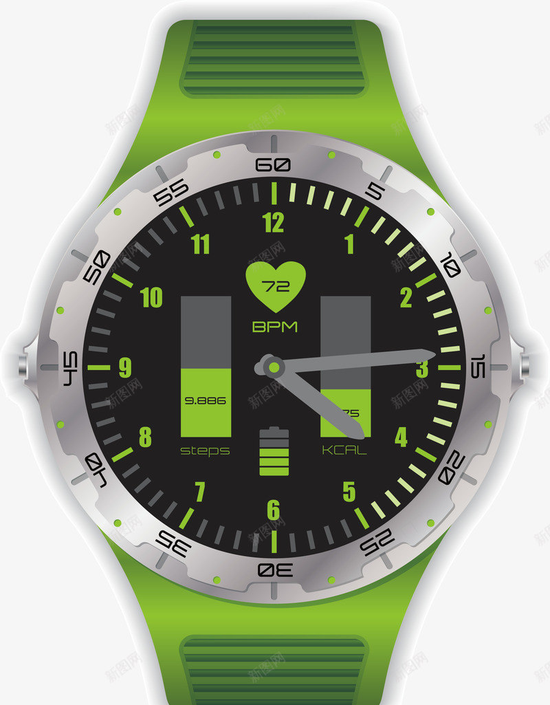 多功能智能绿色手表矢量图ai免抠素材_88icon https://88icon.com 多功能手表 手表 智能手表 矢量png 绿色手表 计量步数 矢量图