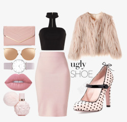 淡粉色服装搭配粉色半身裙和毛外套高清图片