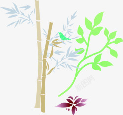 梦幻竹子手绘树叶花朵素材