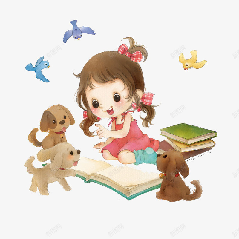 读书的小女孩png免抠素材_88icon https://88icon.com 书本 儿童插画 卡通 卡通插画 可爱 小狗 巧克力女孩 童话