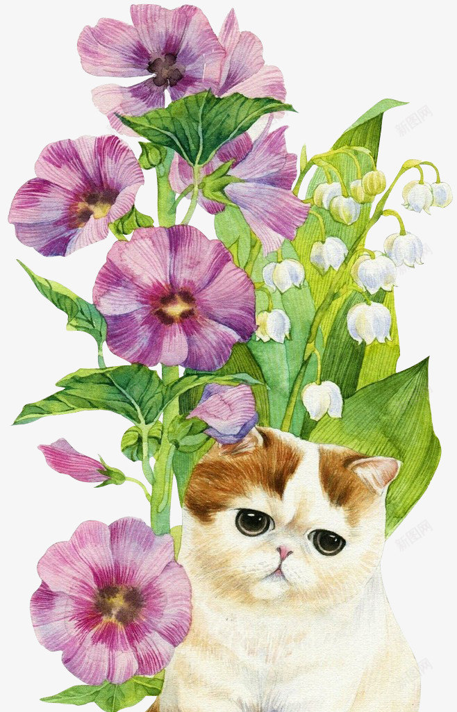 手绘喇叭花下的猫png免抠素材_88icon https://88icon.com png 可爱 喇叭花 小猫 猫