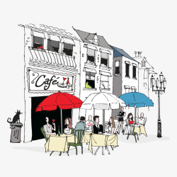 手绘路灯手绘街角咖啡厅插画高清图片