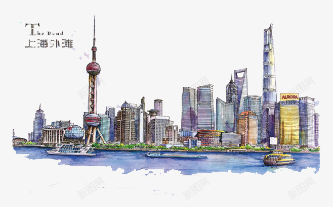 手绘建筑png免抠素材_88icon https://88icon.com 上海外滩 古代建筑 城市 城市现代上海 水彩