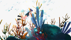插画海珊瑚群中的潜水少女高清图片