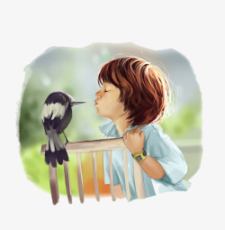 小男孩亲吻小鸟温馨素材