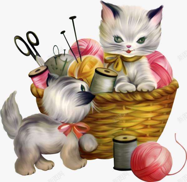 猫咪线团png免抠素材_88icon https://88icon.com 两只小猫 剪刀 手绘 毛线 猫 线团