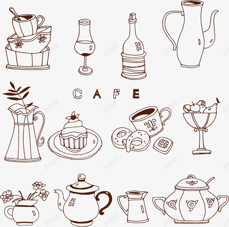线条瓶子杯子合集矢量图ai免抠素材_88icon https://88icon.com 杯子矢量 瓶子 甜甜圈 美食 矢量图