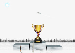 飞机起降平台奖杯与城市商业人物高清图片