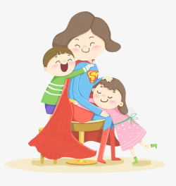 小孩和母亲手绘可爱卡通插画母亲节超人妈妈高清图片