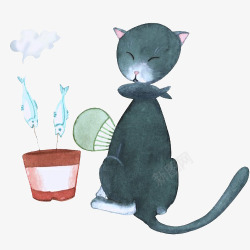 小猫烤鱼手绘卡通风格小猫烤鱼图案高清图片