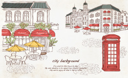 时尚喝咖啡插画手绘欧洲城市街道插画PSD分层高清图片