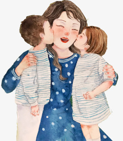 温馨时刻手绘水彩装饰插画母亲节孩子亲吻高清图片