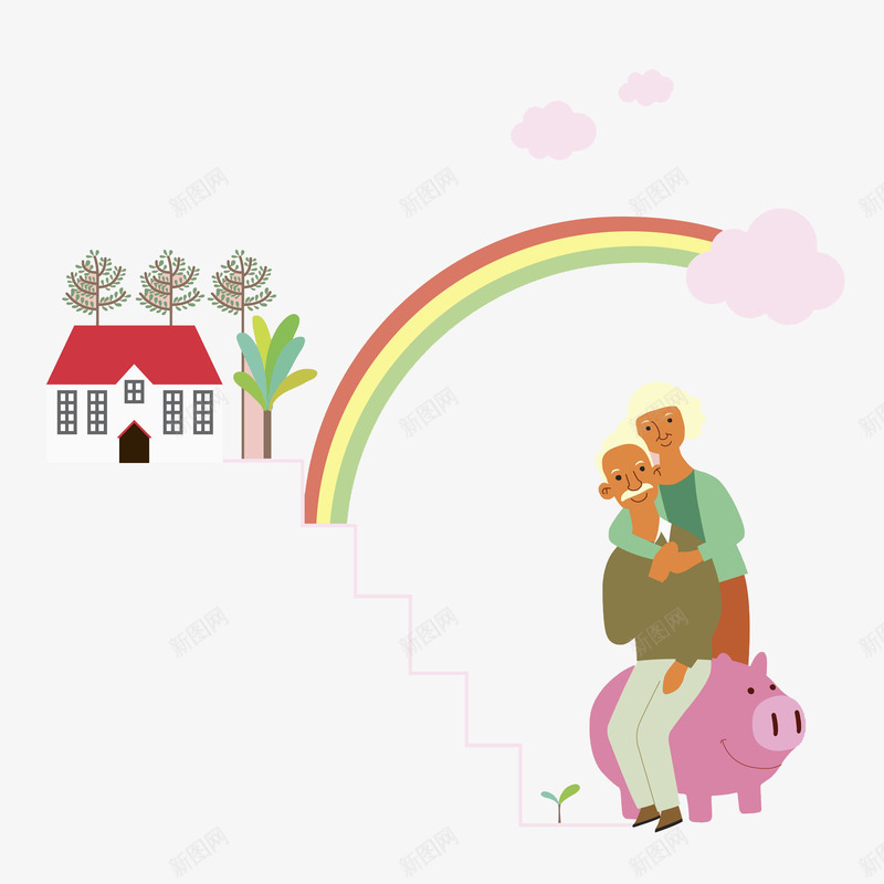 一对幸福老人坐在猪上png免抠素材_88icon https://88icon.com 创意 卡通 可爱 幸福 彩虹 手绘 白发 老人