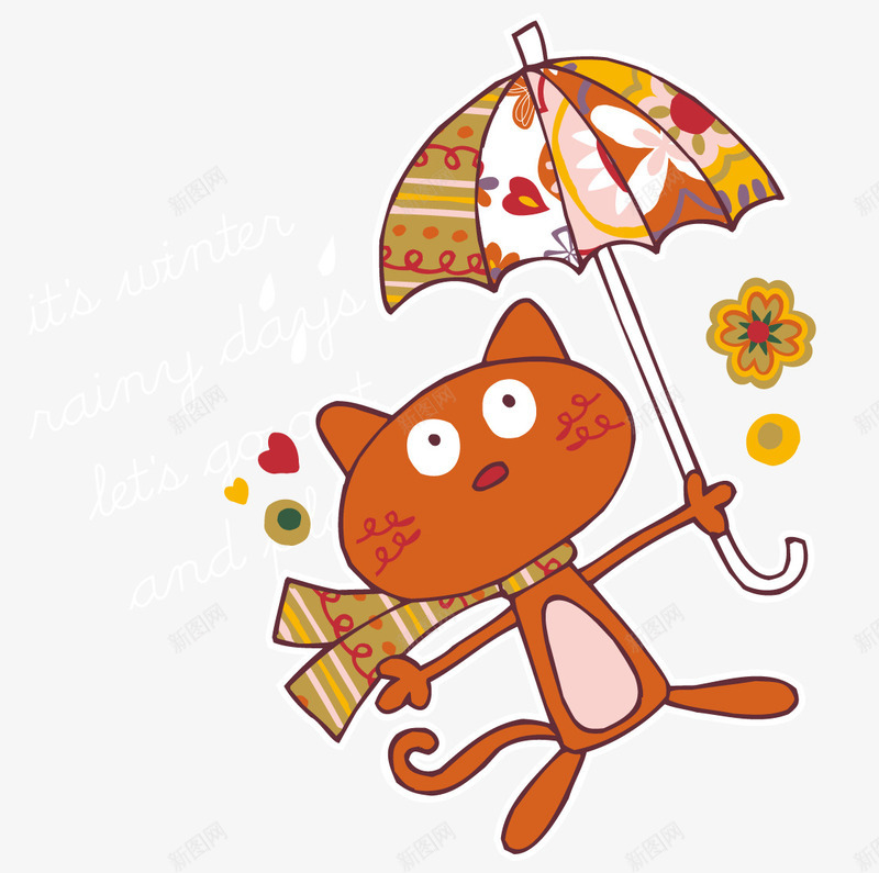 打伞的小动物png免抠素材_88icon https://88icon.com 动物 卡通插画 小猫 小花 心形 打伞的小猫 雨伞