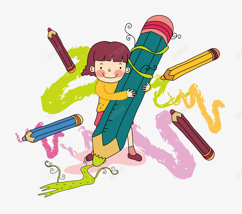 卡通插画png免抠素材_88icon https://88icon.com 抱着笔的小孩 涂色 画画 画画的小女孩 画笔 颜色