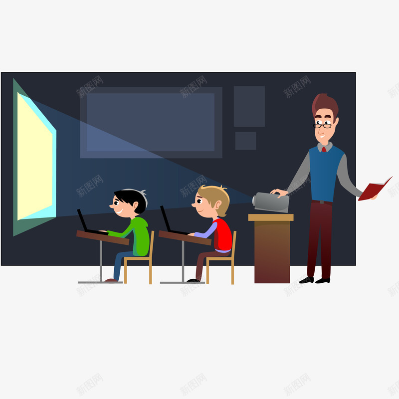 学生上课插画矢量图ai免抠素材_88icon https://88icon.com 免抠PNG 学生上课矢量插画 开学季 投影 教室 教师节 教育 老师 矢量图