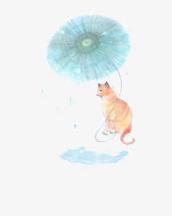 手绘小清新猫咪蓝色雨伞素材