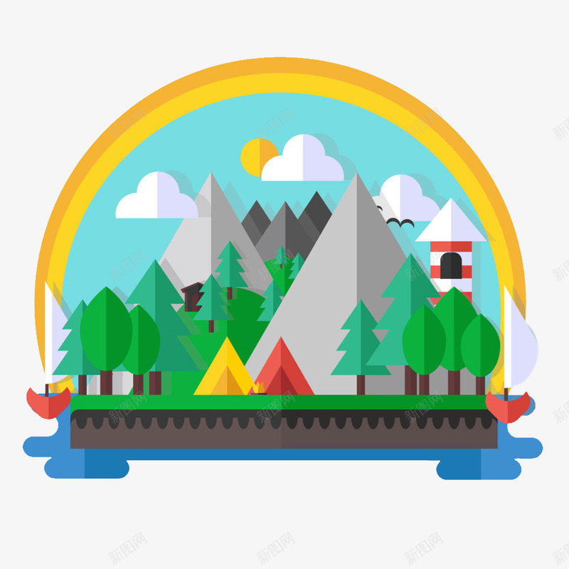 彩虹色山峰植物图案png免抠素材_88icon https://88icon.com 云朵 山峰 建筑 绿色