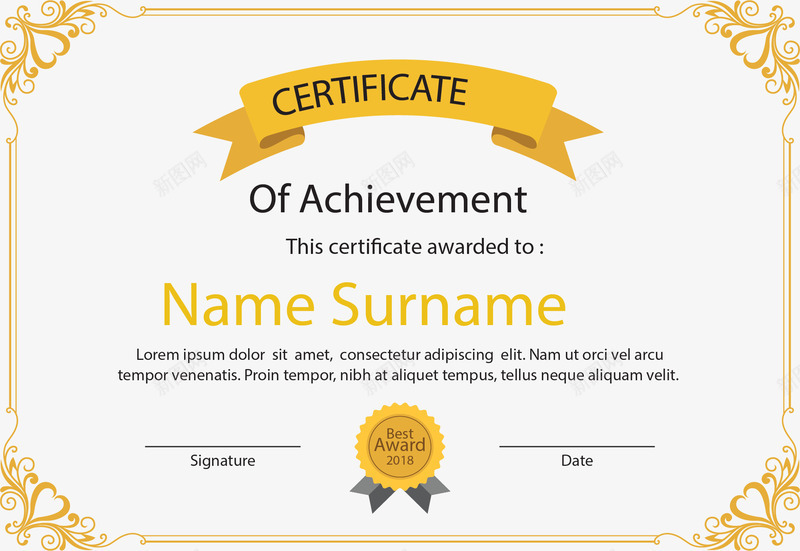 黄色欧式花边证书矢量图ai_88icon https://88icon.com 欧式花边 毕业证 矢量png 证书 资格证书 矢量图