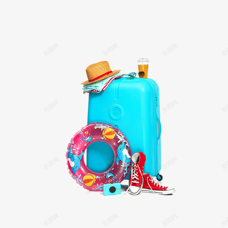 海边度假装备图png免抠素材_88icon https://88icon.com PNG 帽子 游泳圈 红色帆布鞋 蓝色行李箱