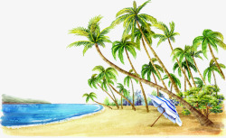 卡通郊外游玩风景沙滩边上的大树图标高清图片