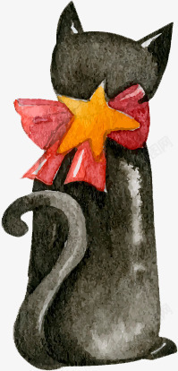 水彩手绘带蝴蝶结的黑猫素材