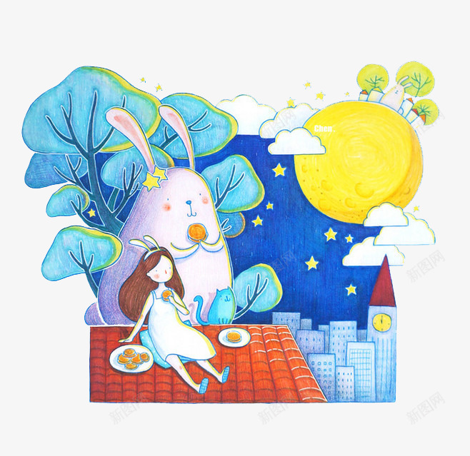 中秋节插画png免抠素材_88icon https://88icon.com 兔子 卡通 城市 女孩 星星 月亮 月饼 盘子