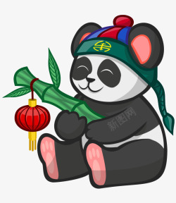 卡通手绘可爱戴帽子熊猫玩竹子素材