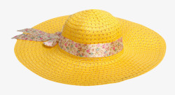 黄色遮阳花色绑带草帽女实物素材