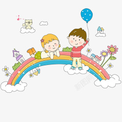 女孩聊天躺在彩虹上的小朋友高清图片