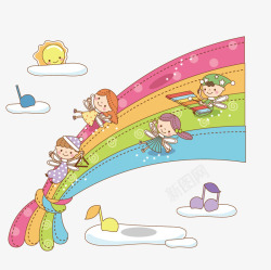 在彩虹上奏乐玩耍的小天使素材