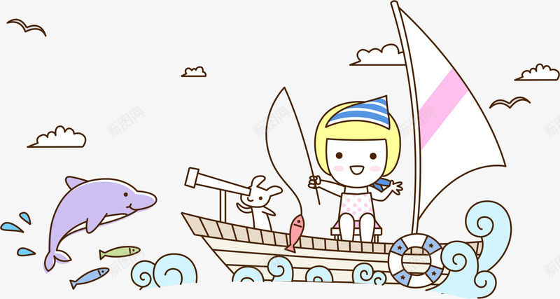 卡通航海png免抠素材_88icon https://88icon.com AI 卡通 夏天 天空 女孩 帆船 手绘 插画 海浪 海豚 白云 线条 航帆 航海
