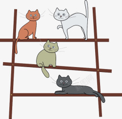 攀爬楼梯站在梯子上的4只猫高清图片
